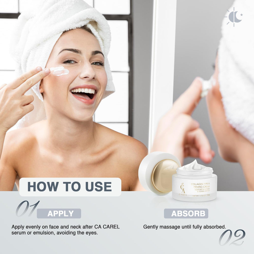 CA CAREL Peptides Collagen Firming Cream ingredients sheet emphasizes shea butter and hyaluronic acid.