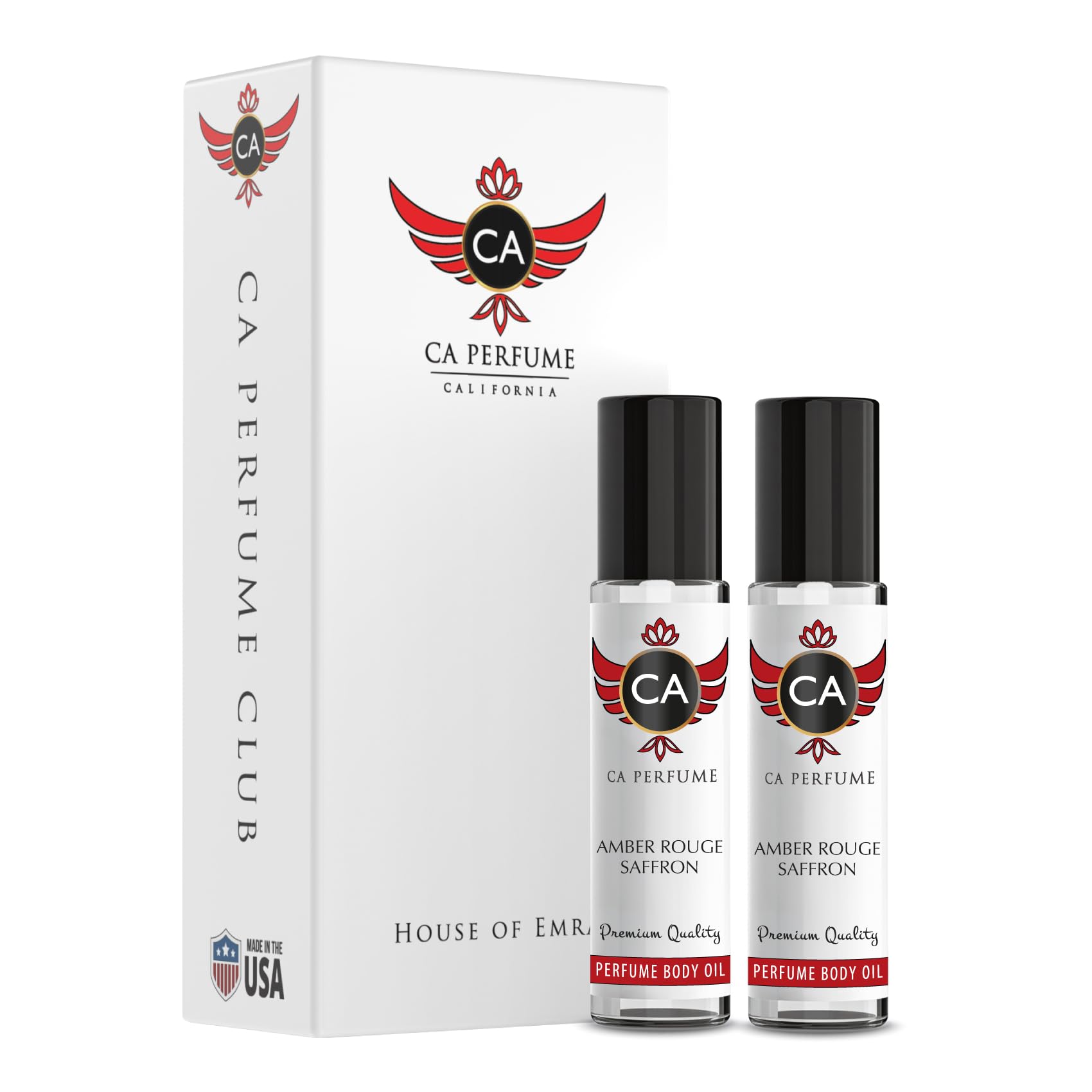 CA Perfume Amber Rouge Saffron bottle highlighting warm amber and saffron notes for daily wear.