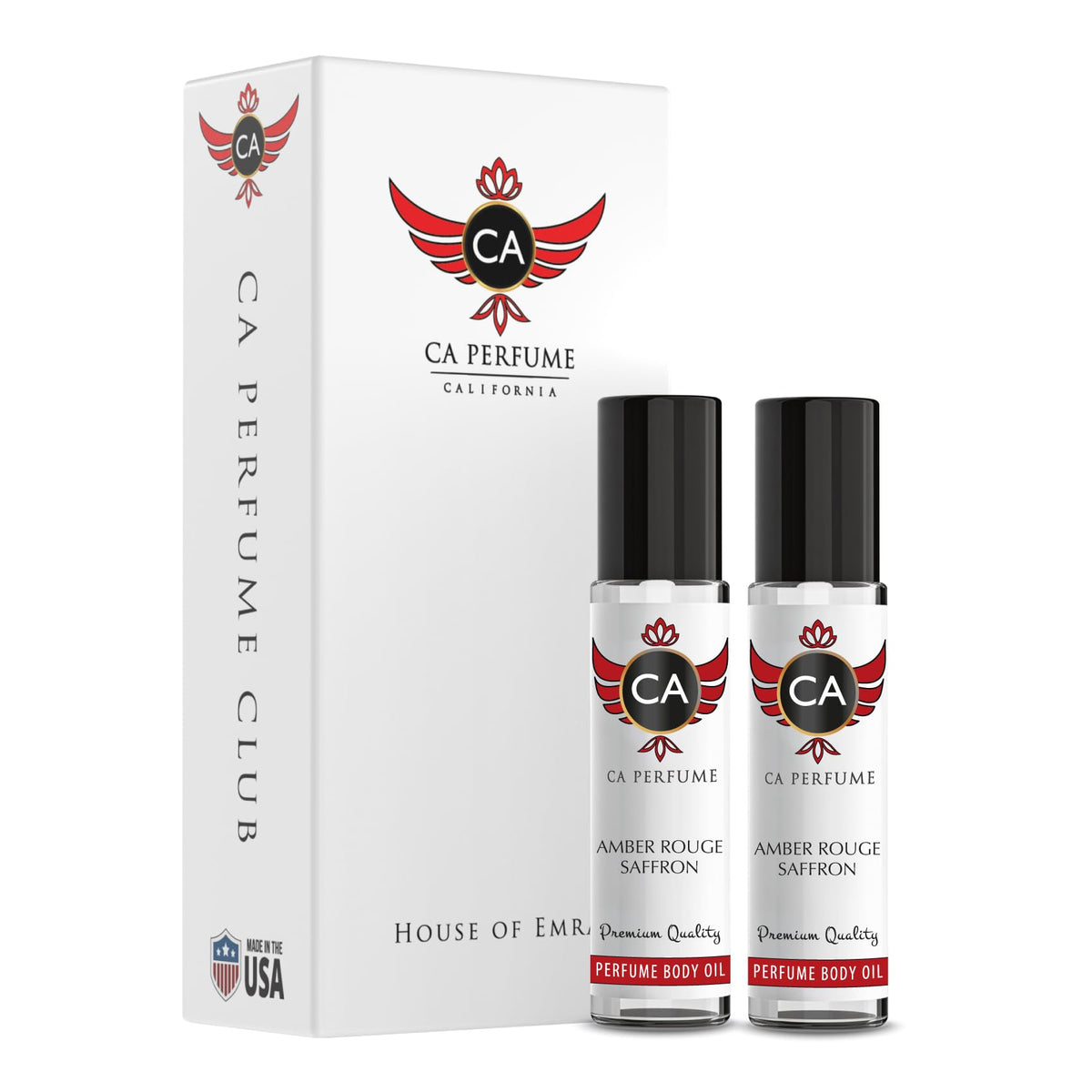 CA Perfume Amber Rouge Saffron bottle highlighting warm amber and saffron notes for daily wear.