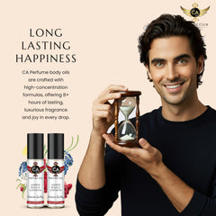 Hand applying the roll-on for precise, alcohol-free fragrance application.