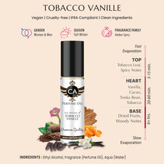 Close-up of CA Perfume Impression Tobacco Vanille bottle, sleek premium packaging.