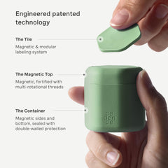 Interchangeable tiles let you swap labels between body wash and lotion as needed.