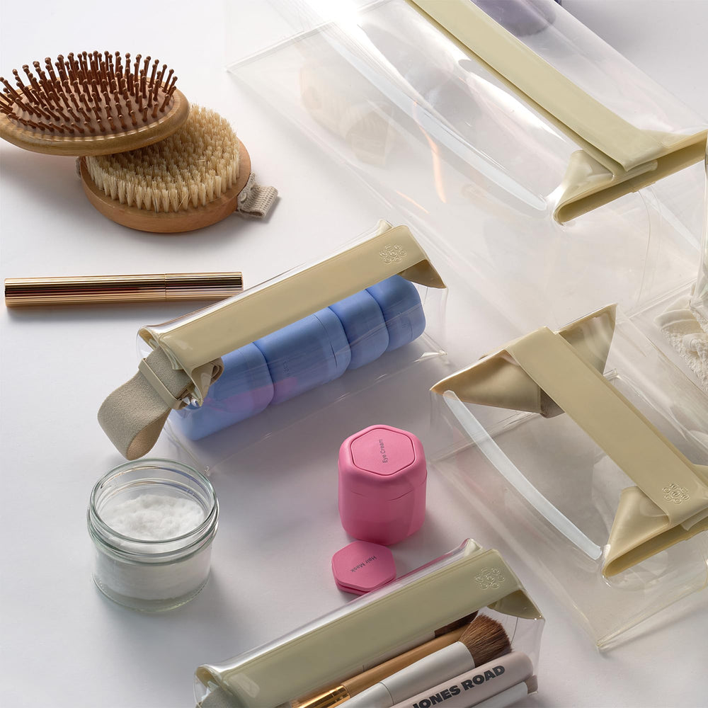 Cadence Parcel clear kit fits neatly with other bags for compact travel packing.