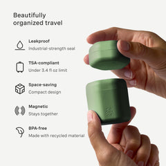 Cadence travel container medium cap with conditioner label simplifies refill and packing