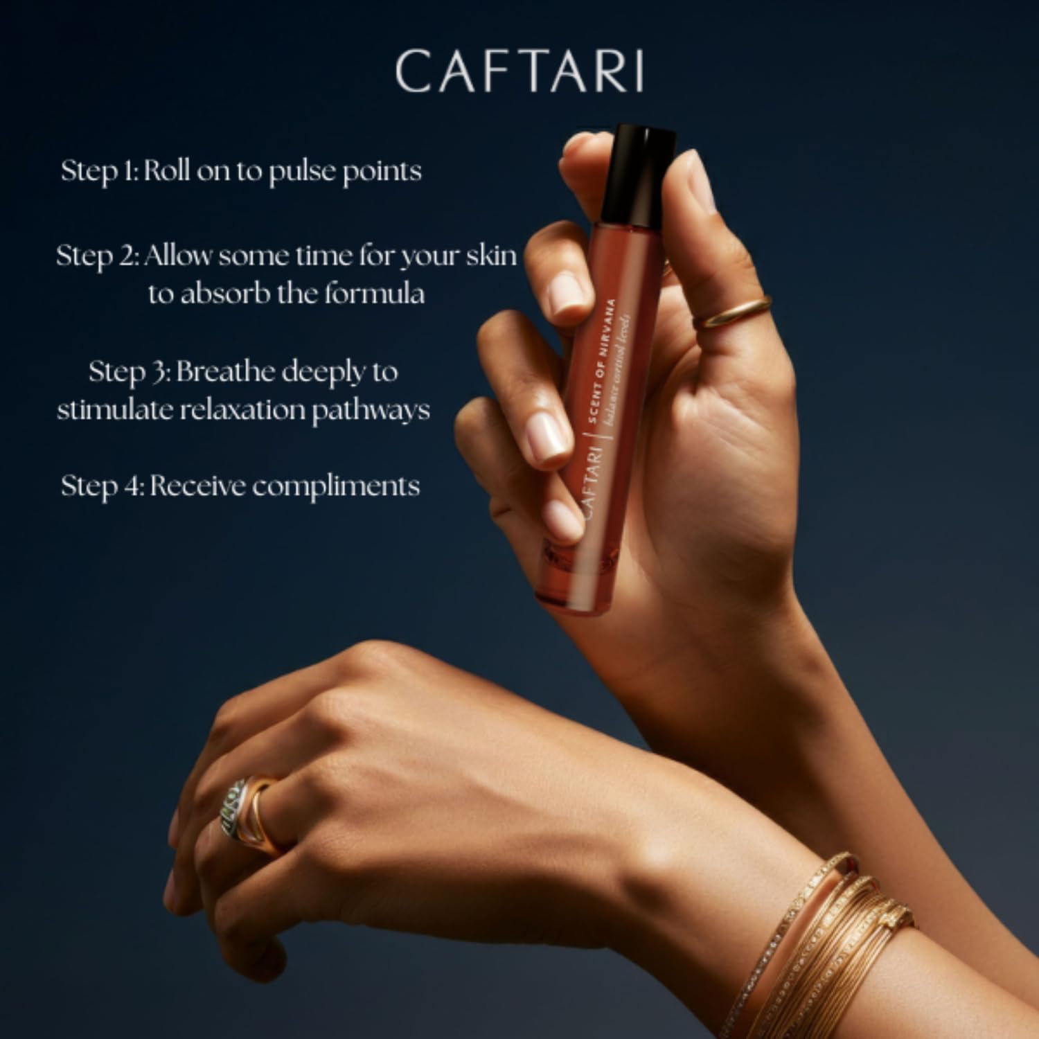 Caftari pulse-point-application design delivers precise aroma with no waste.