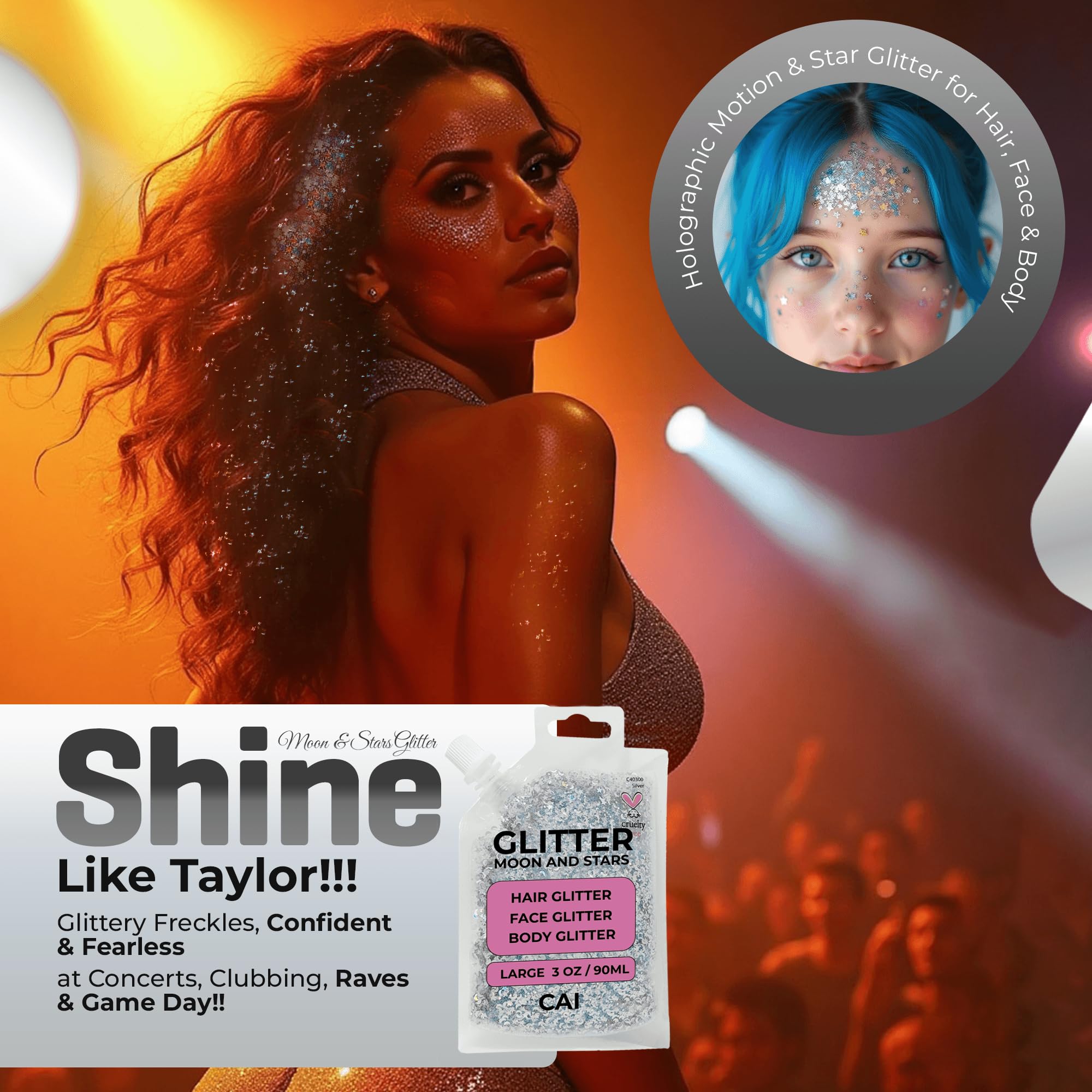 CAI BEAUTY NYC chunky iridescent glitter for dramatic Halloween looks