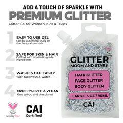 CAI BEAUTY NYC party glitter gel provides versatile sparkle for cheeks and shoulders