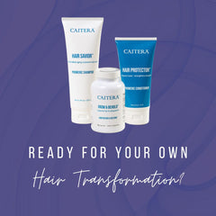 Caitera Ultimate Hair Trio ingredient shot emphasizes Saw Palmetto and Biotin in use