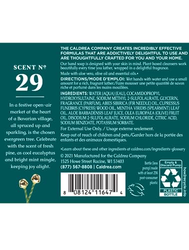 Caldrea hand wash bottle featuring juniper laurel mint scent for fresh hands.