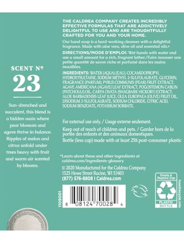 Close up label on Caldrea Pear Blossom Agave bottle showing bright fragrance notes