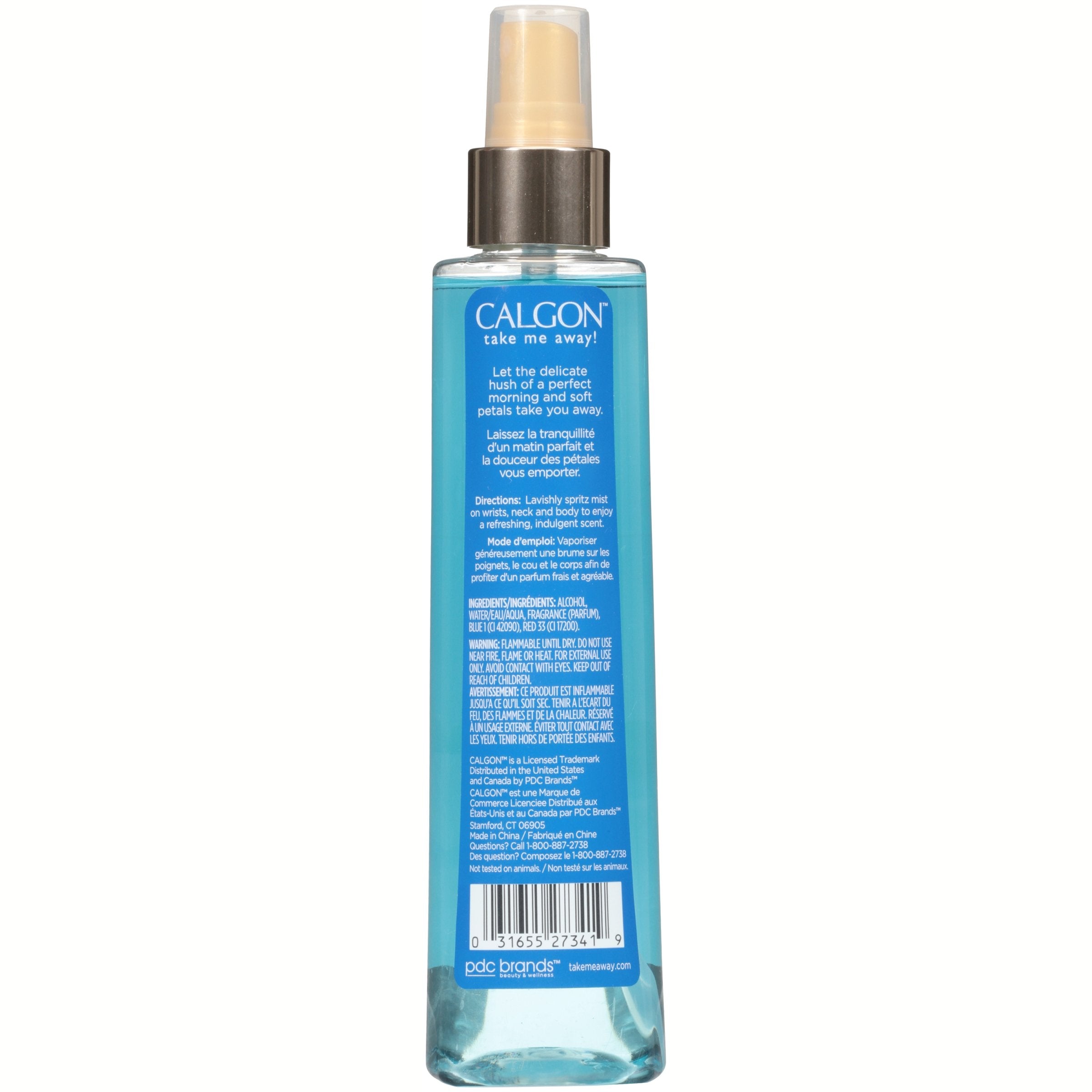 Calgon Morning Glory 8oz bottle highlights long-lasting, gentle scent after shower.