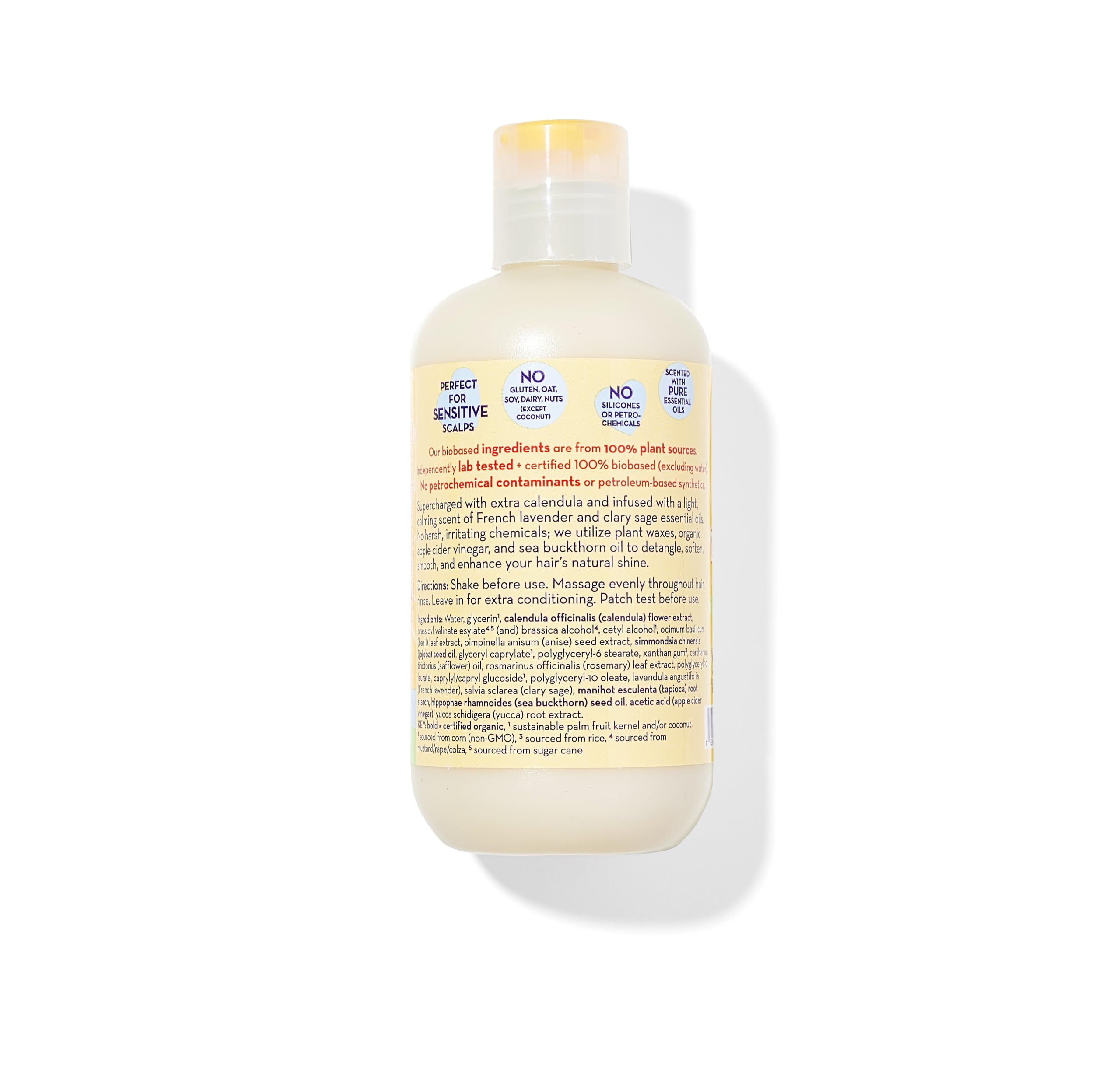 California Baby Calendula Kids Conditioner label close-up with calendula and lavender.