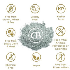 California Biology calcium bentonite clay sachet close-up emphasizing deep detoxification and oil control