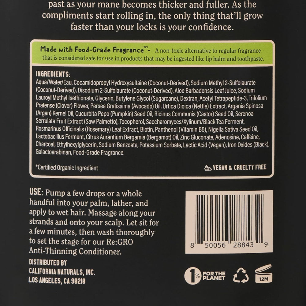 California Naturals Re:GRO label emphasizes pumpkin seed oil ingredients.