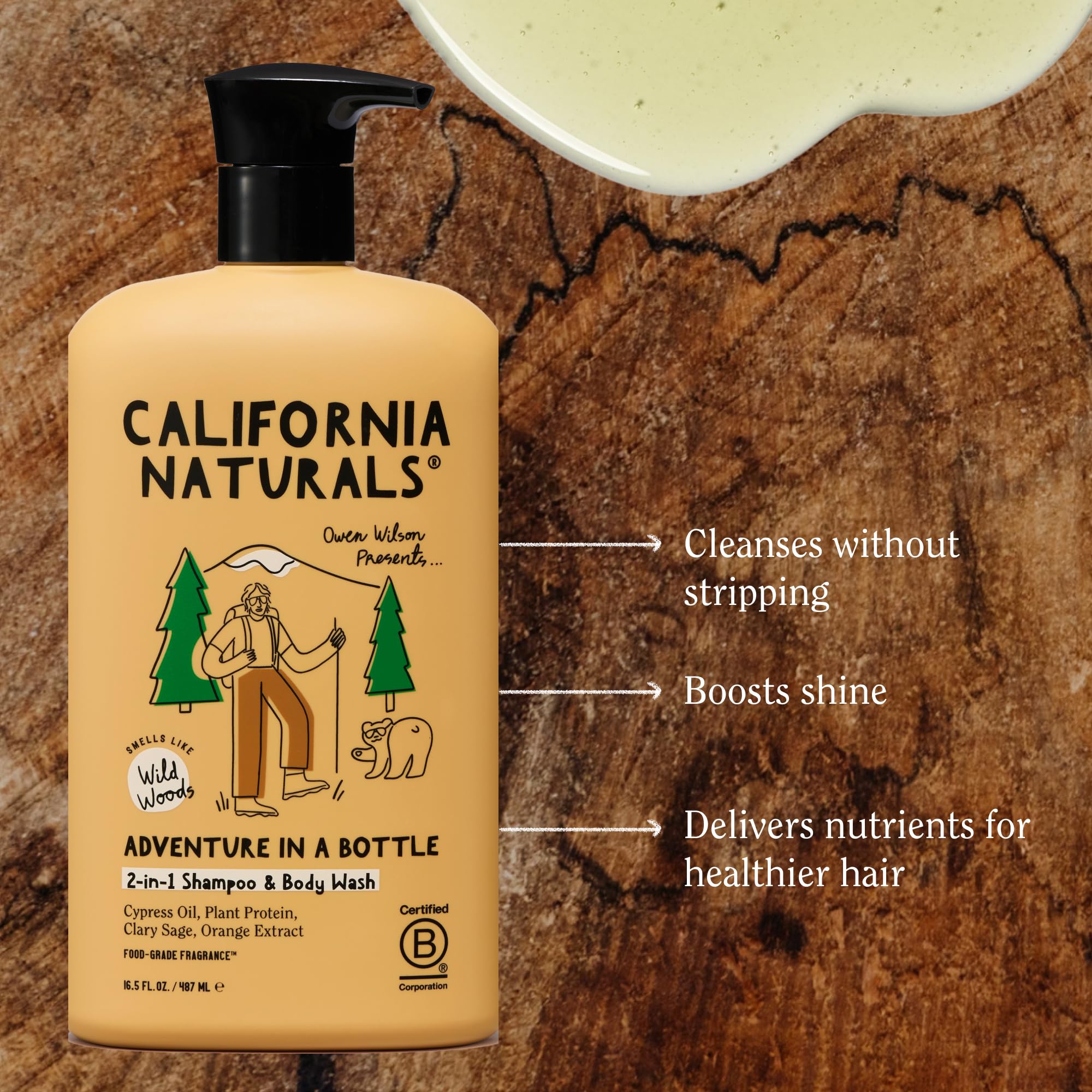 California Naturals Owen Wilson 2 in 1 bottle showcases cedarwood and citrus aroma for an energizing routine.
