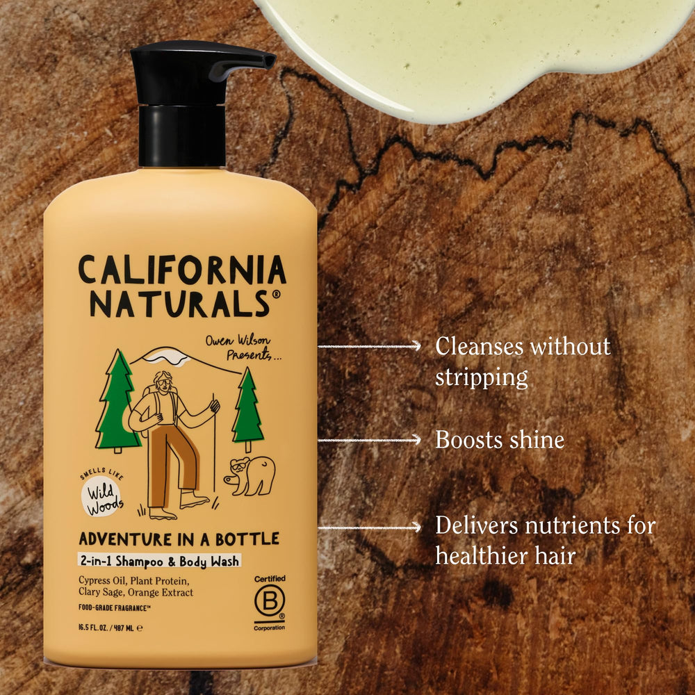 California Naturals Owen Wilson 2 in 1 bottle showcases cedarwood and citrus aroma for an energizing routine.