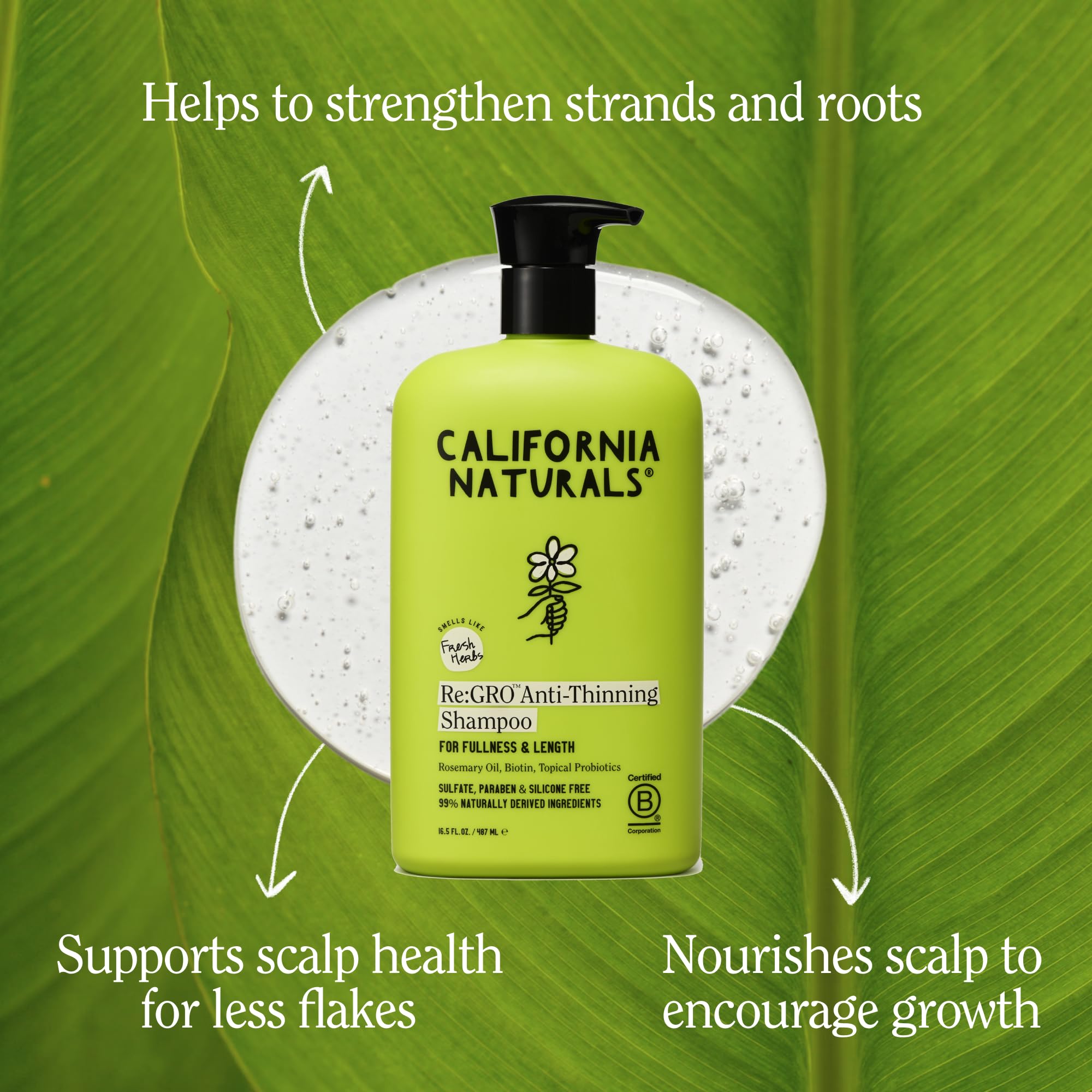 California Naturals Re:GRO Shampoo foaming lather delivers a refreshing cleanse.