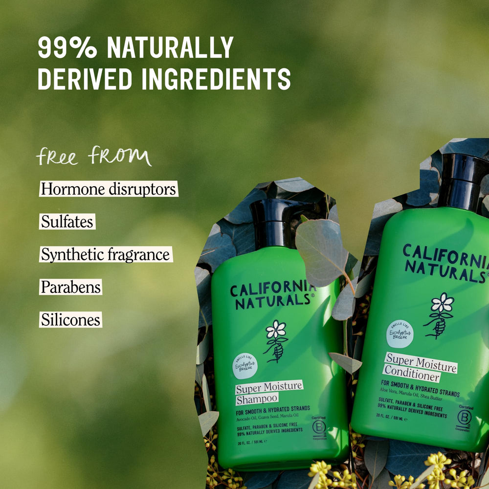California Naturals Super Moisture shampoo label close-up highlighting Marula oil nourishment.
