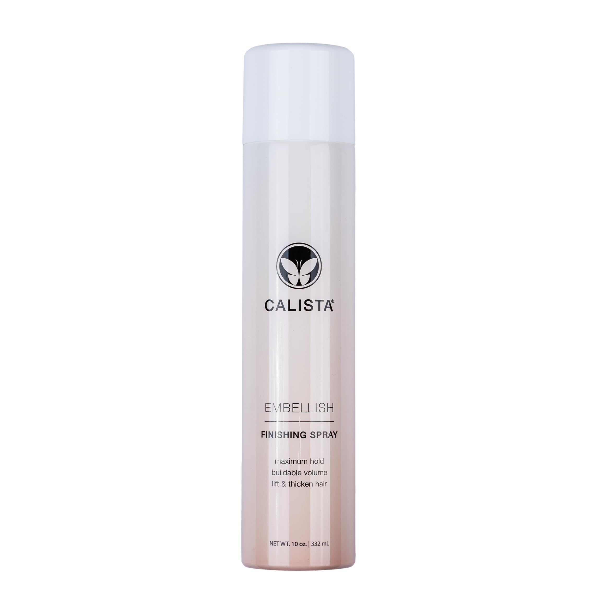 Calista Embellish Finishing Spray bottle front for strong hold and added volume.