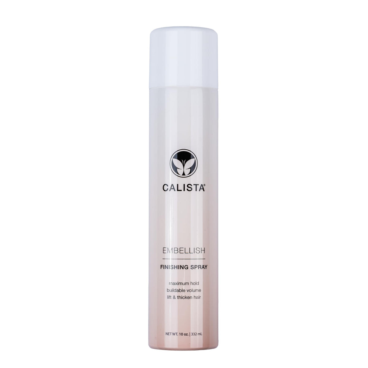 Calista Embellish Finishing Spray bottle front for strong hold and added volume.