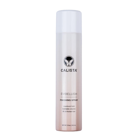 Calista Embellish Finishing Spray bottle front for strong hold and added volume.