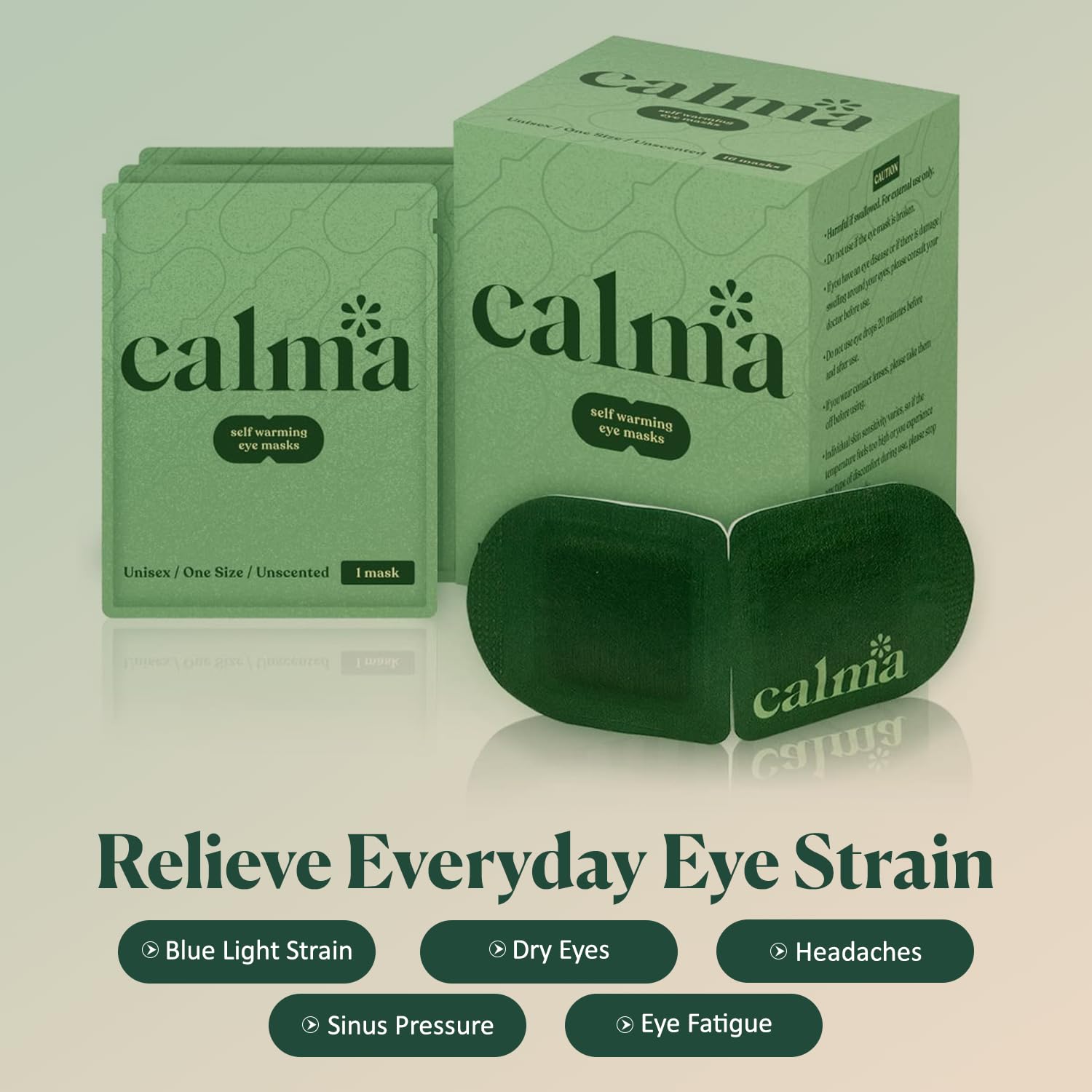 Calma heated eye mask, soft fabric, unscented.
