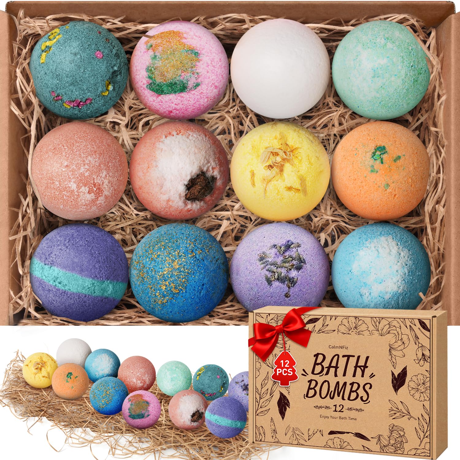 CalmNFiz Lavender bath bomb with gift-ready packaging for soothing baths