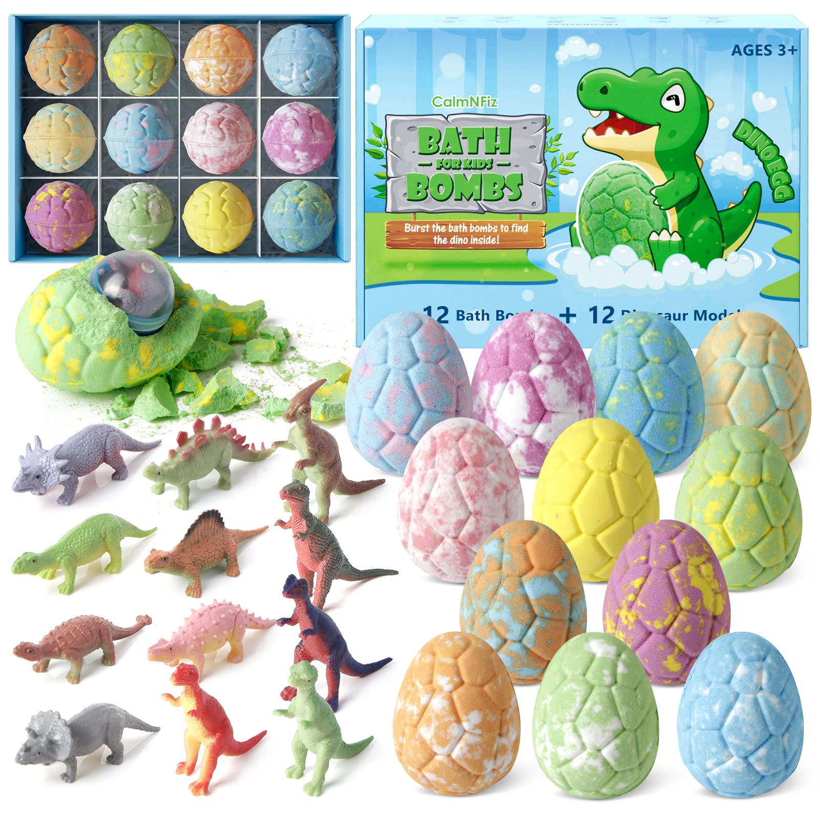CalmNFiz bath bombs with a surprise dinosaur toy inside for imaginative bath time.