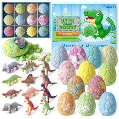 CalmNFiz bath bombs with a surprise dinosaur toy inside for imaginative bath time.