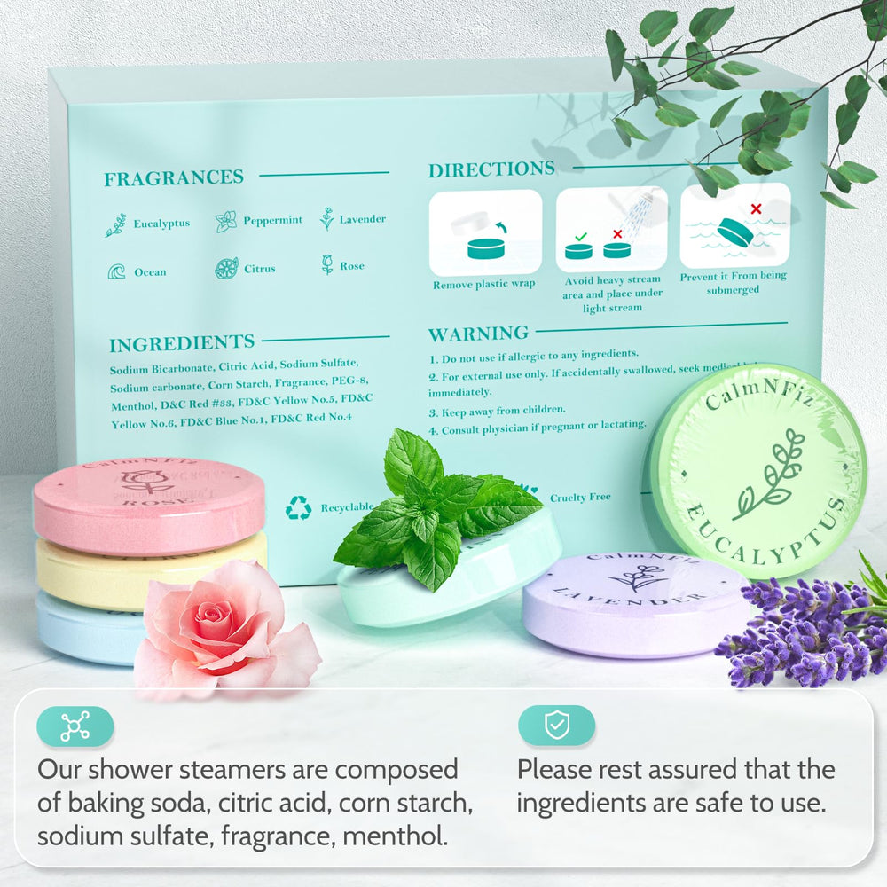 CalmNFiz color variety of shower steamers for mood-boosting routines.