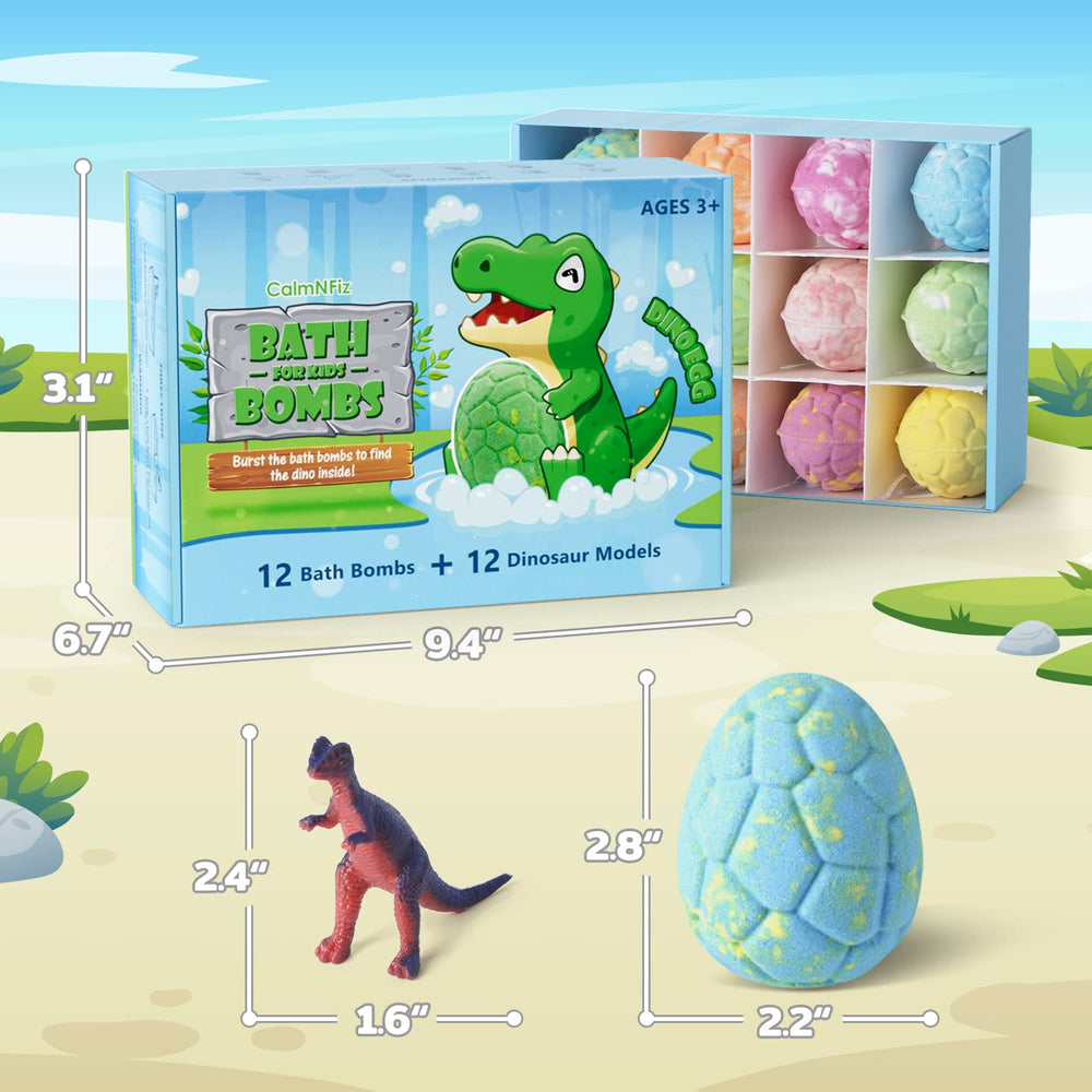 CalmNFiz dinosaur eggs bath bombs pack with hidden toy and fruit scent.