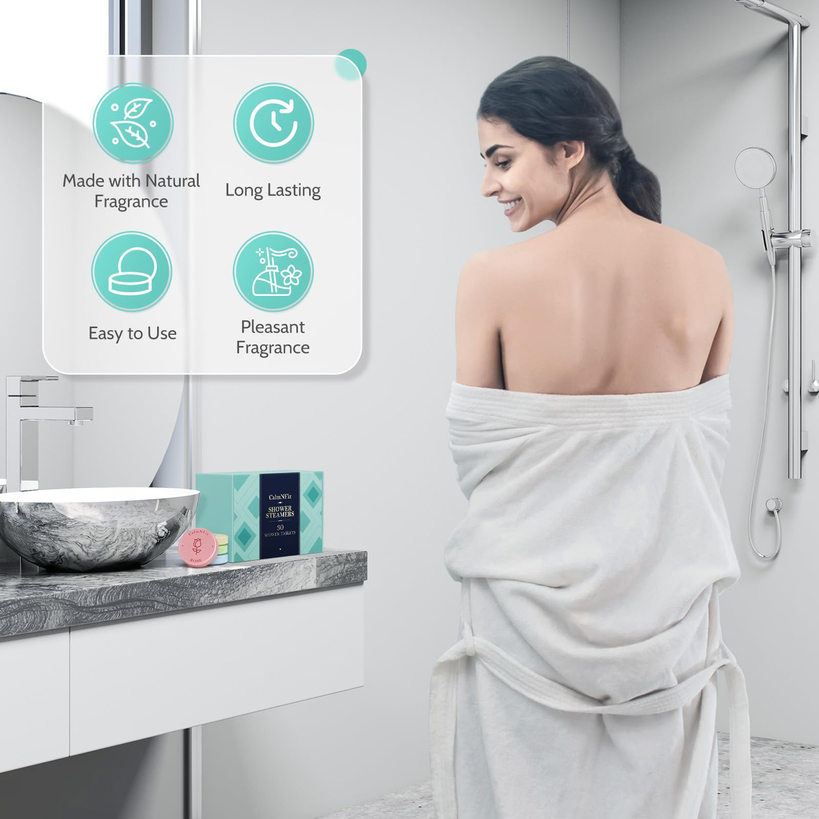 CalmNFiz easy-use guide showing one tablet dissolving in warm shower.