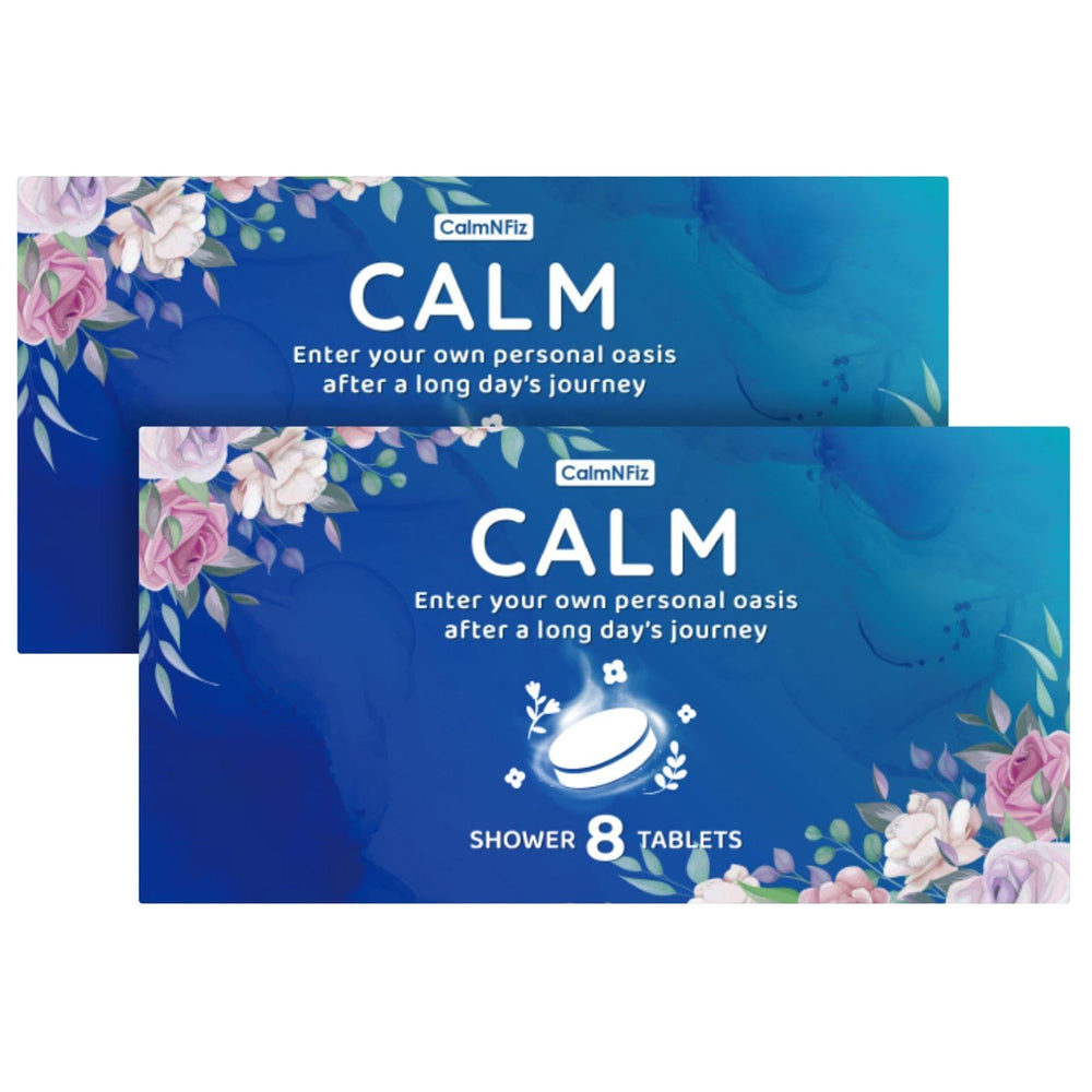 CalmNFiz shower steamer blue packaging showcases a refreshing spa-like shower