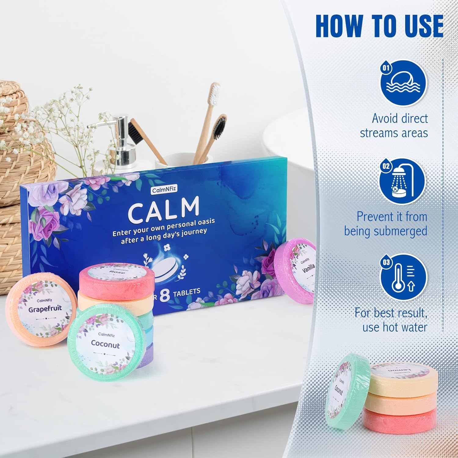 CalmNFiz coconut scent tablet brings tropical hints for a sunny shower