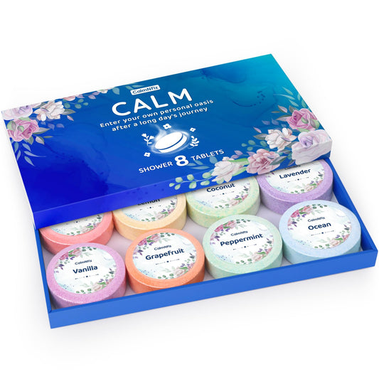 CalmNFiz 8-pack shower steamers in blue box for a relaxing daily ritual