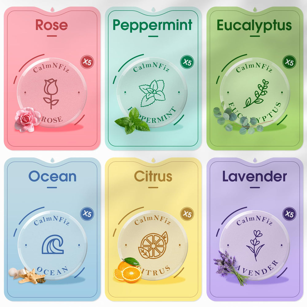CalmNFiz six-scent collection, colorful steamers arranged for a customizable shower.