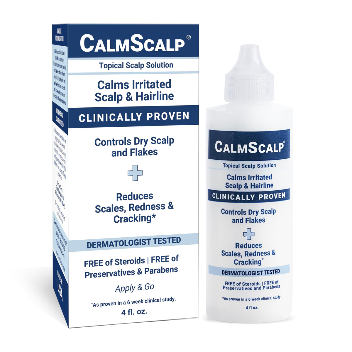 CalmScalp bottle-front showing a calming scalp care solution for daily relief