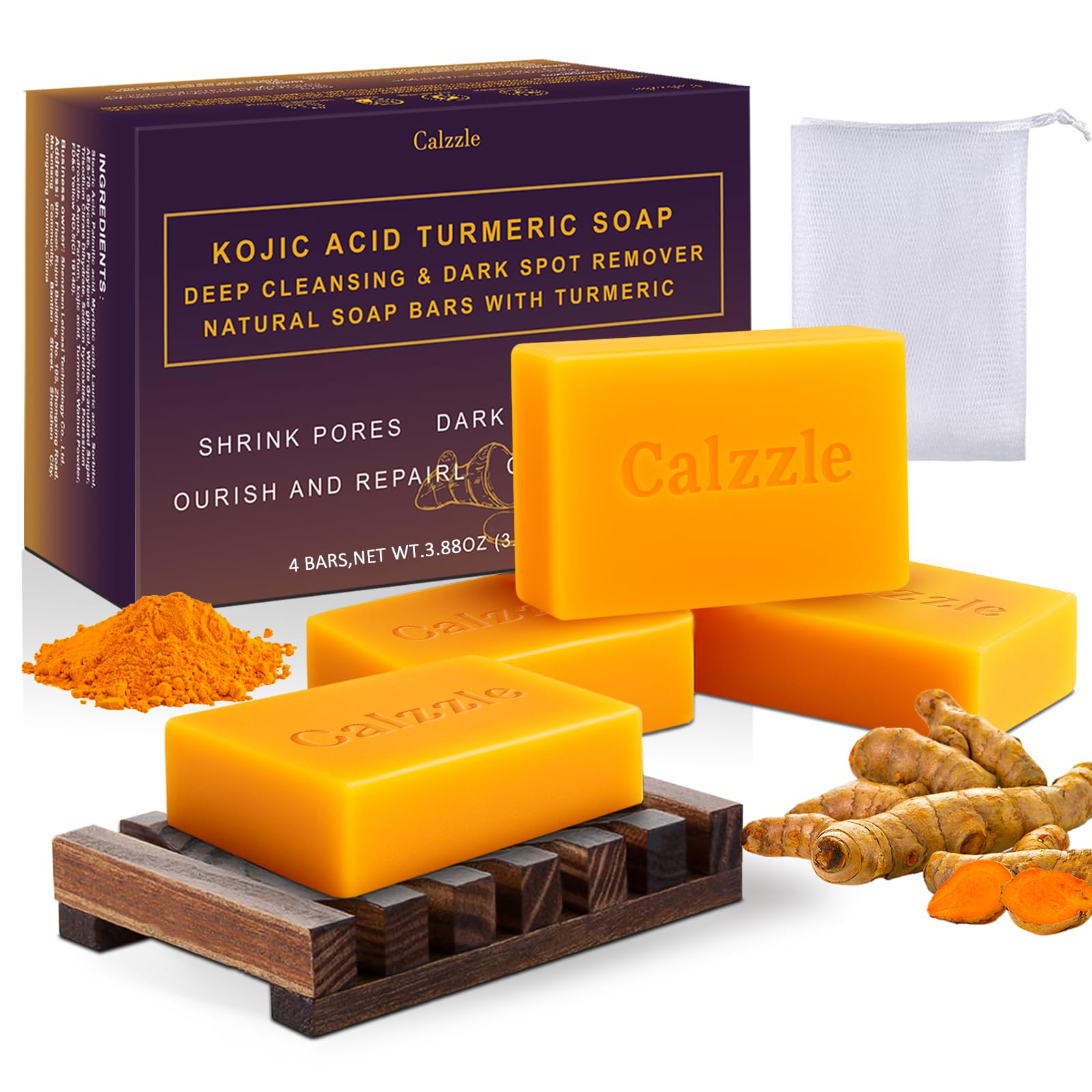 Calzzle Kojic Acid Soap pack of four bars for brightening and daily cleansing.