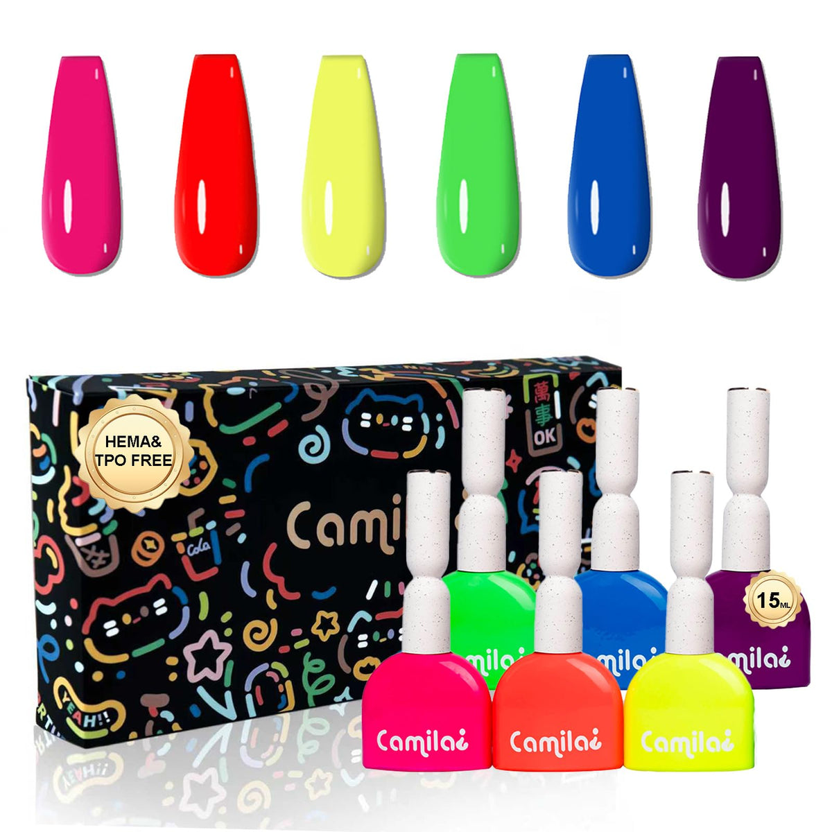 Camila neon gel polish set in red for vibrant, durable nails.