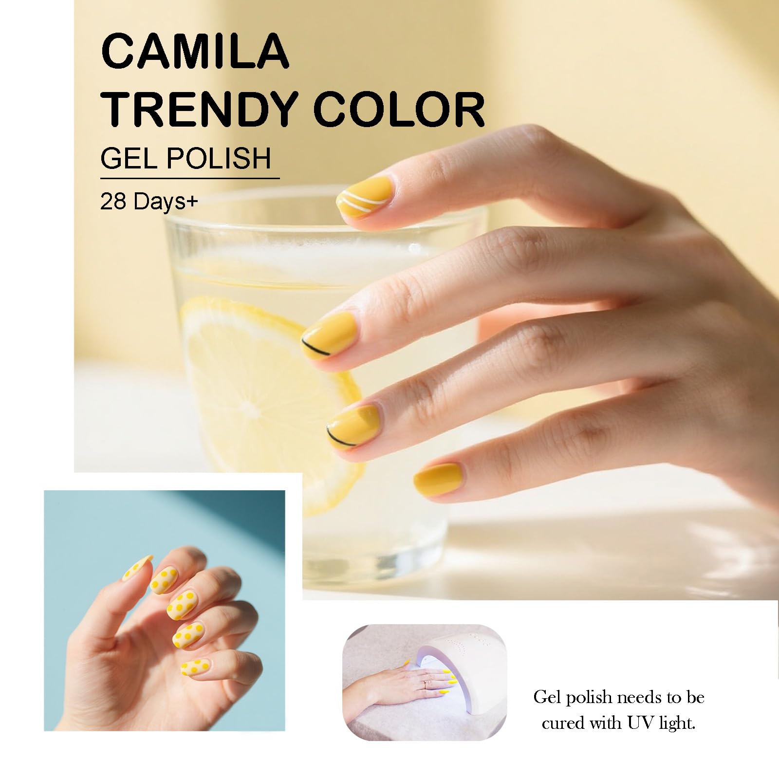 Camila bright yellow gel polish bottle design for quick color recognition.