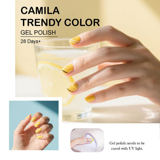 Camila bright yellow gel polish bottle design for quick color recognition.