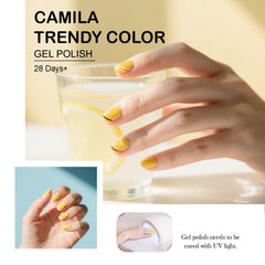 Camila bright yellow gel polish bottle design for quick color recognition.