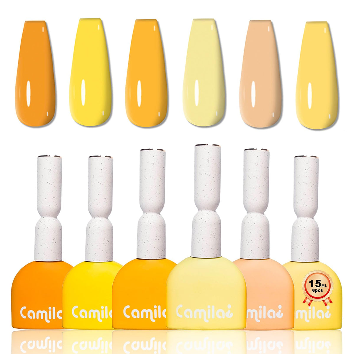 Camila neon yellow gel nail polish set with six 15ml bottles for bold color.