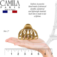 Camila Paris CP3052 clip shown in bun updo for secure styling.