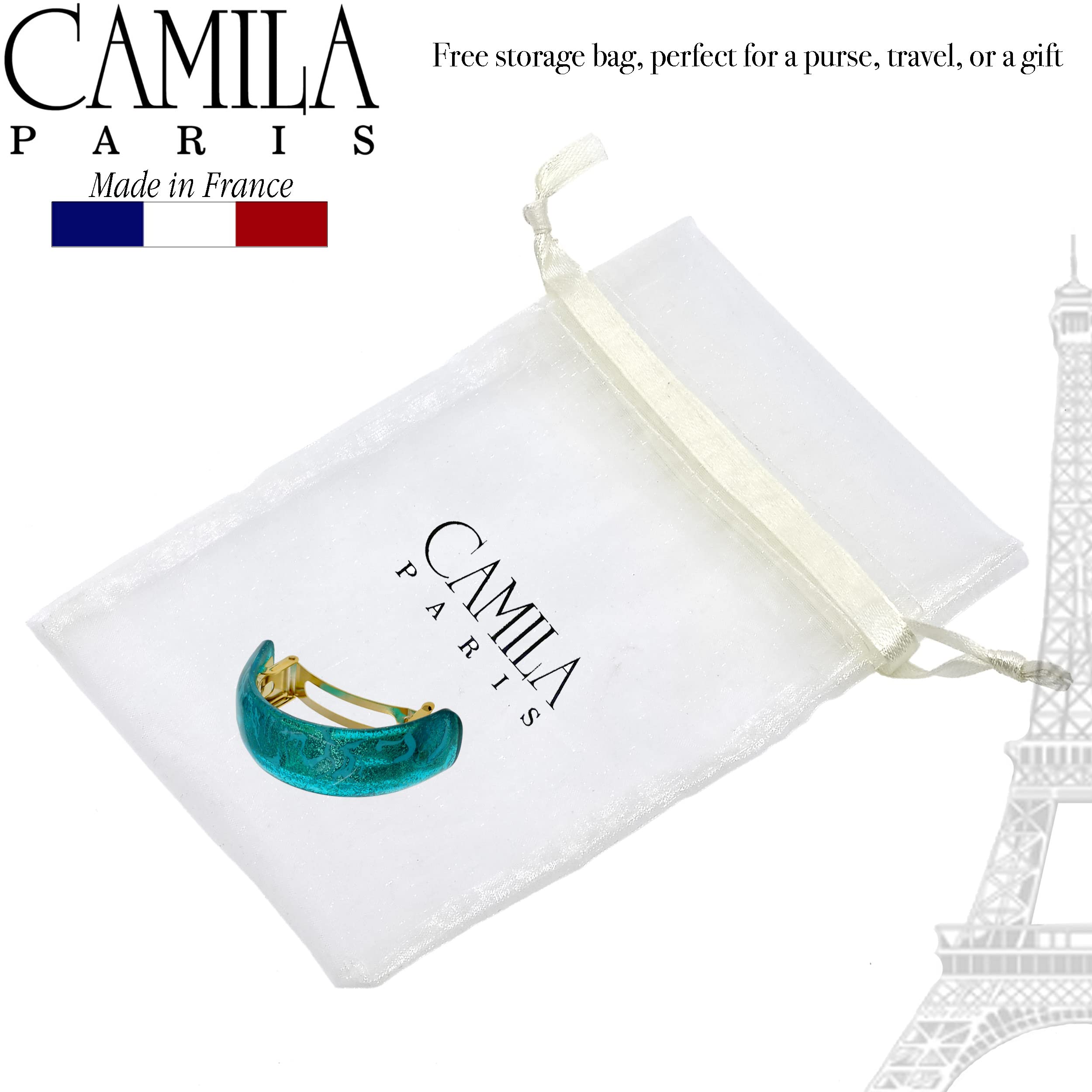 Camila Paris CP3300 turquoise barrette material highlight in durable cellulose acetate.