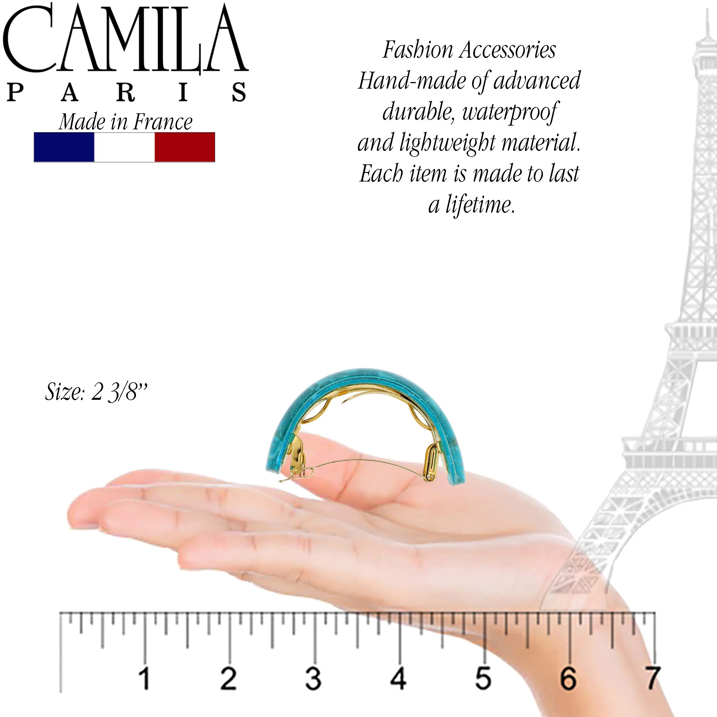 Camila Paris CP3300 turquoise barrette open clasp for easy styling access.