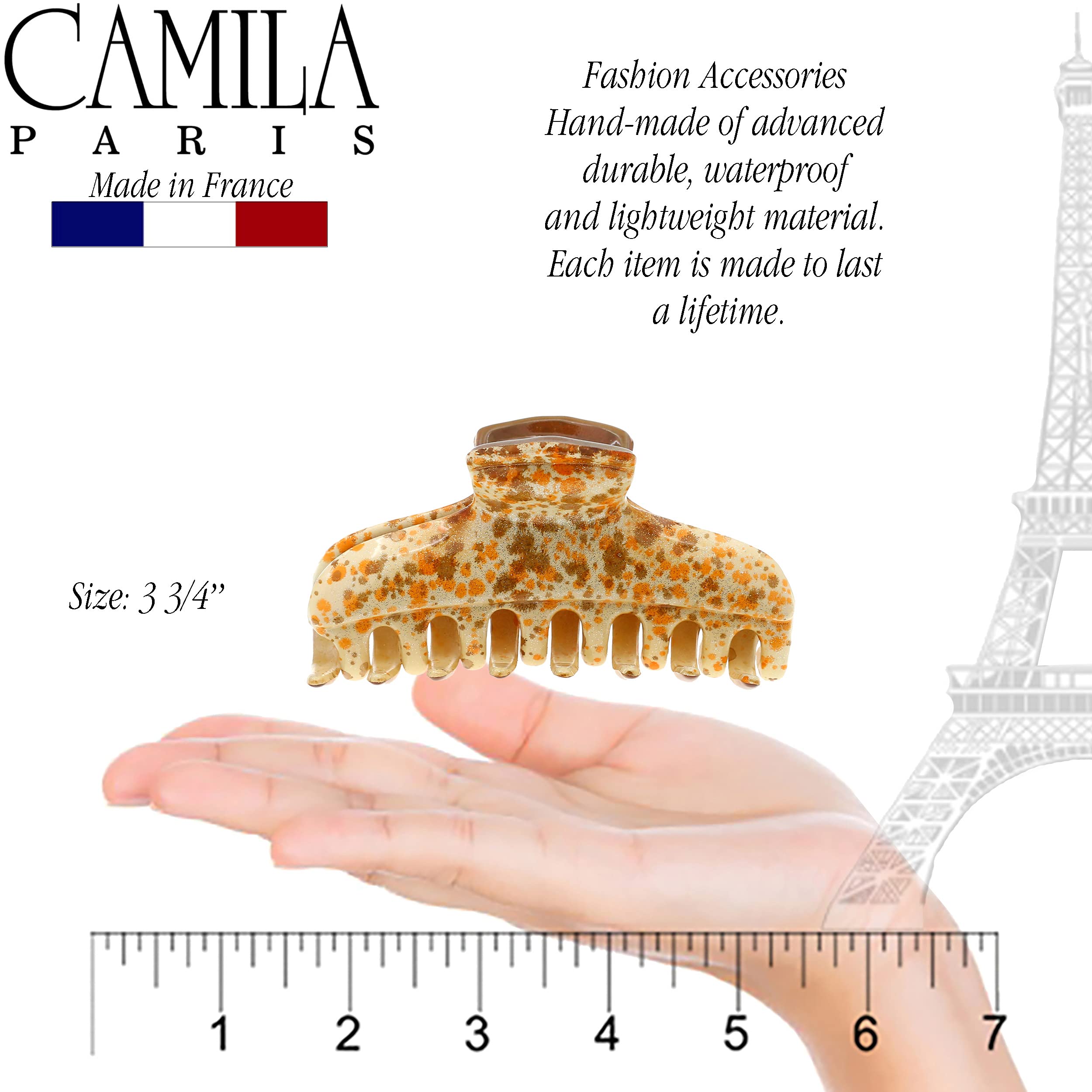 Camila Paris CP3307 orange butterfly clip side view highlighting durable cellulose acetate.