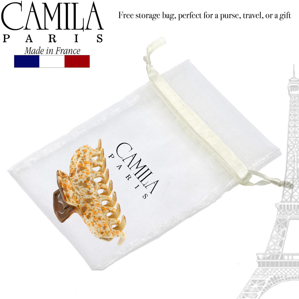 Camila Paris CP3307 orange butterfly clip worn in high ponytail for elegant style.