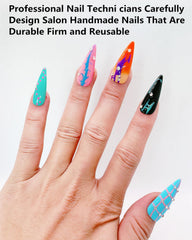 CAMILCY almond-shaped press-on nails with long tips.