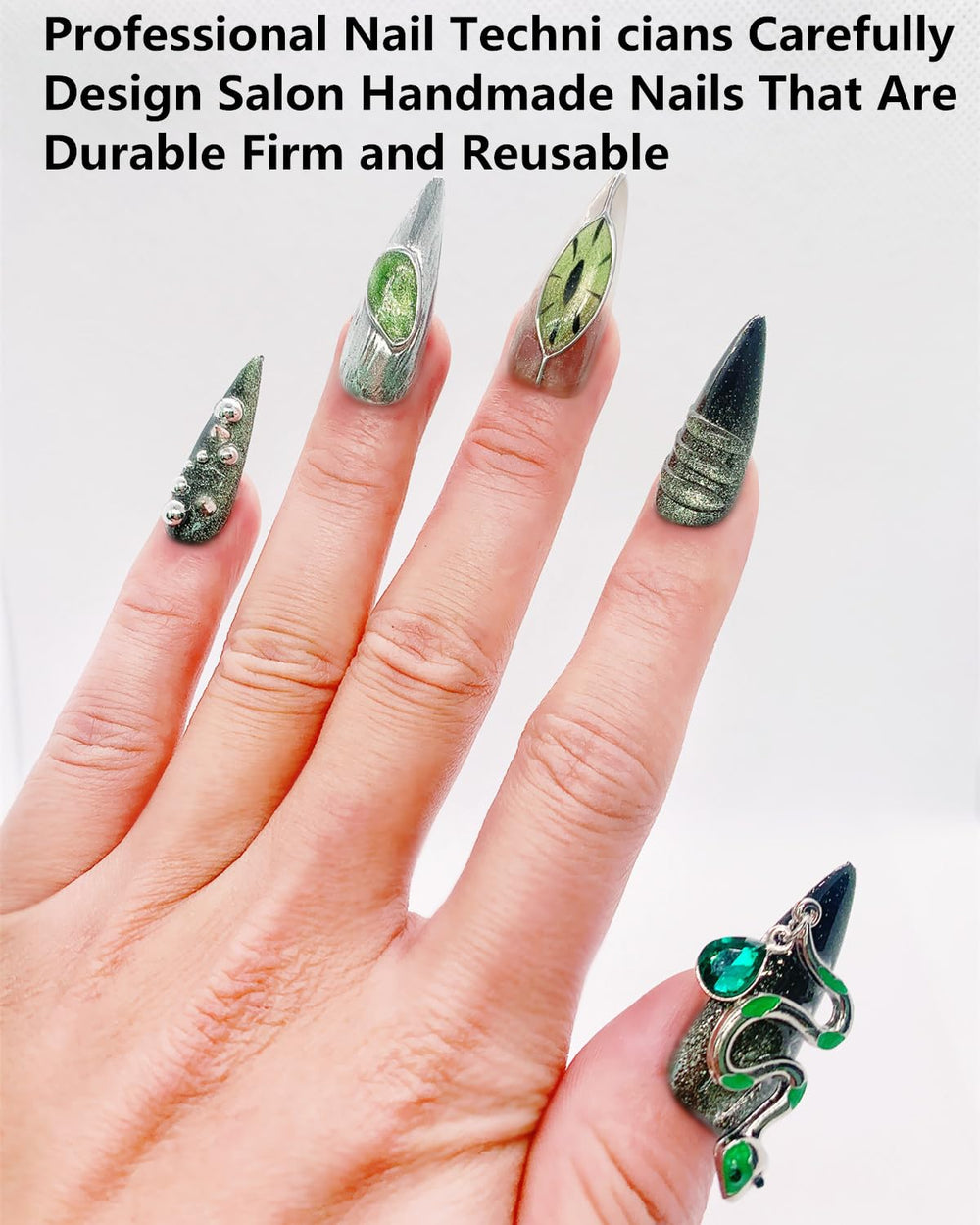CAMILCY hand-painted nails with black-green diamonds offer salon-style drama at home.